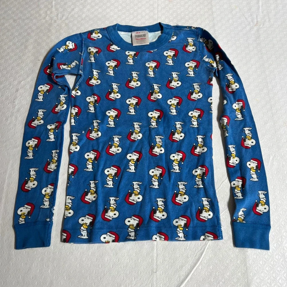 Hanna Andersson 140 (10) Peanuts Snoopy Christmas Long John Pajamas Blue Organic